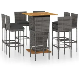 vidaXL 9-tlg. Gartenbar-Set mit Kissen Poly Rattan Grau - Grau