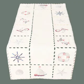 Tischdecke Tischläufer Mitteldecke Maritime Stickerei, wollweiß mit bunter Stickerei 40 x 90 cm/Aufmachung 1 Stück