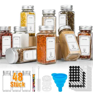 WardWolf 48er Gewürzgläser Eckig mit Metall Deckel,120ML Gewürzdosen Set,Gewürzgläser mit Streueinsatz, Gewürzaufbewahrung,Glas Gewürzbehälter Spice Jars,Gewürzgläser Eckig,Gewürzbehälter