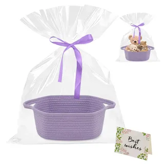 TOKSEO Geschenkkorb Leer, Baumwollsei Präsentkorb Leer mit Geschenktüten Grußkarten und Bändern, Geflochtener Korb Aufbewahrungskorb mit Griff für Geburtstage, Babypartys, Feiertage(Lila)