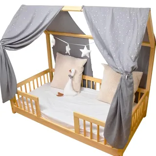 YellowNest Hausbett Himmel (2er Pack) - 100% Baumwolle - Betthimmel Hausbett aus Musselin - Himmelbett Vorhänge für Bett 80x160 & 140x200 cm (Grau Wimpelkette Stern, 130 x 320 (2er-Set))