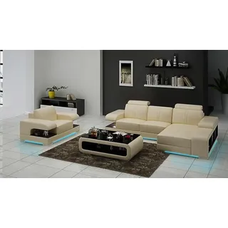 Ledersofa mit USB,Couch Wohnlandschaft Ecksofa Sessel Garnitur Modern Sofa Neu - Beige