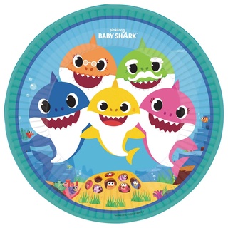 amscan 9909039-66 8 Teller Baby Shark rund Papier 23 cm, weiß