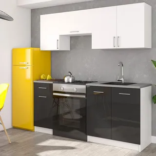 Roe Furniture | Küchenzeile - 180 cm - Schwarz Hochglanz, Weiß Matt - Einbauküche, Küchenblock, Singleküche, Singleküchenblock, Küchen - Schwarz, Weiß