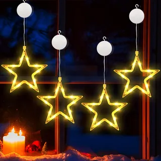 BrizLabs LED Sterne Weihnachtsbeleuchtung, 4 Stück Fenster Sterne Lichterkette Weihnachtsdeko Fensterlichter Batterie Innen Weihnachtsstern für Halloween Außen Garten Terrasse Tür Haus Party, Warmweiß