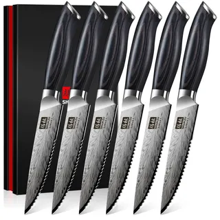 SHAN ZU Steakmesser Set 6-teilig, Pulverstahl 63 HRC Japanisches Messer | Ultra Scharfe 12° Klinge Fleischmesser & Frühstücksmesser, Profi Küchenmesser Set mit Ergonomischem Holzgriff