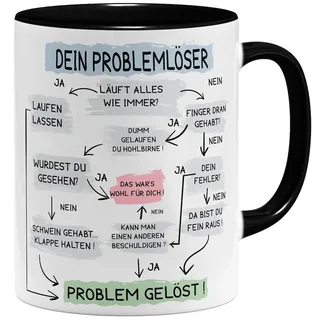 OM3® lustige Kaffee-Tasse mit Spruch - Problemlösung auf der Arbeit - Problemlöser - Keramik Becher - 11oz 325ml - Beidseitig Bedruckt - Schwarz