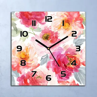 Wanduhr Echt-Glas-Küchenuhr Boho Pfingstrosen Quarz Lautlos 30x30 Deko Bilder - Rot