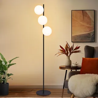 ZMH Stehlampe Wohnzimmer Standleuchte Schwarz - Modern Stehleuchte 3 Flammig mit Fußschalter Metall Design Glas Standlampe E27 Industrial Vintage Bodenlampe für Schlafzimmer kinderzimmer Büro