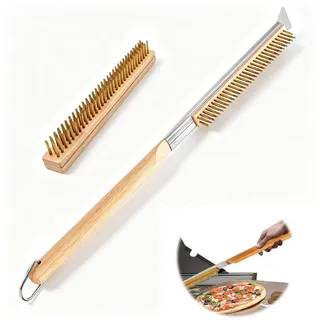 Pizzaofen Bürste mit Ersatzbürstenkopf, Pizzastein Bürste Messingborsten 53cm, Pizzaofenbürste Flach Lang, Pizzaofen Besen Hitzebeständige, mit Schaber, für Hartnäckige Verschmutzungen Grillrost