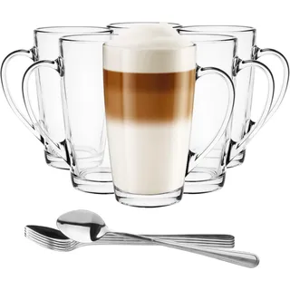 Glasmark KROSNO 1992 Latte Macchiato Gläser Mit Henkel Und Löffel 6 Stück 400 ml Teegläser Kaffeetassen Cappuccino Eistee Transparentes Glas