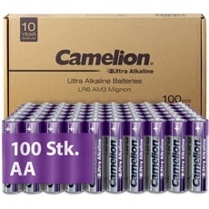 Camelion Ultra Alkaline Batterien AA – AA Batterien 100 Stück, Batterien 10 Jahre Haltbarkeit, Umweltfreundlich, Batterie AA, Batterie Digitalkameras, Fernbedienungen, Weihnachtsbeleuchtung (100x AA)