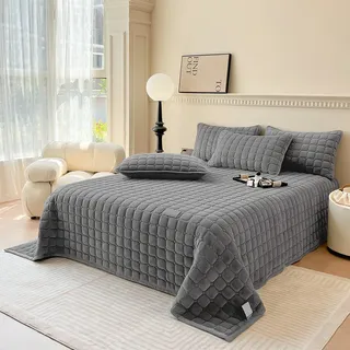 SHANNA Extra Große Bettdecke Bettwurf: Milch Samt Throw Gesteppte Mikrofaser 3-Teilige Tagesdecke 230 X 250 cm mit 2 Kissenbezügen 50 X 70 cm Pflegeleicht, Schlafzimmer Bett (Dunkelgrau)