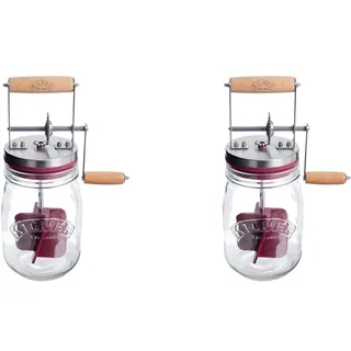 Kilner Butterfass Glas mit Handkurbel, manuelle Handkurbel und Silikonmixer, 1L, Öffnung: 7,2 cm, 16,5 cm x 11 cm x 27 cm, Butter selber machen in ca. 10 min, Butterdose Glas (Packung mit 2)