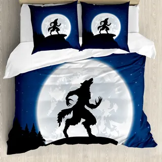 ABAKUHAUS Wolf Bettbezug, Halloween-Thema-Entwurf, Milbensicher Allergiker geeignet mit Kissenbezügen, 200 cm x 200 cm - 80 x 80 cm, Dunkelblau Schwarz Weiß