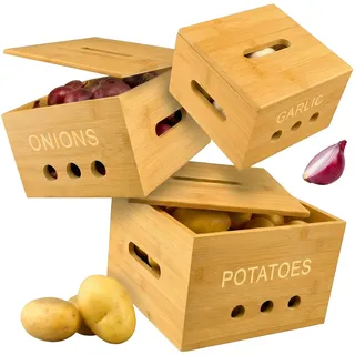 Relaxdays Aufbewahrungsboxen, 3 Größen, Kartoffelaufbewahrungsbox, Zwiebelbox, Knoblauchbehälter, Küche, Bambus, natur