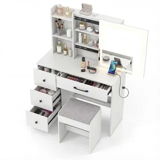 COSTWAY Schminktisch mit LED Schiebespiegel & Schminkhocker, Kosmetiktisch Frisiertisch-Set mit Schubladen, Steckdosen & 2 verstellbare Ablagefächer - Weiß