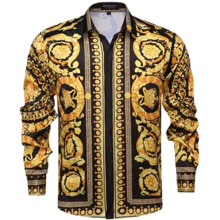GSBOGOSSE Herren Luxus-Marke Bedrucktes Seidenähnliches Satin Button-Down-Kleid Hemd für Party Abschlussball Langarm Slim Fit Floral Nachtclub Hemd, mehrfarbig23, L