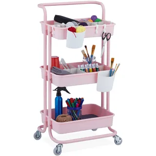 Relaxdays Rollwagen, 3 Etagen, Allzweckwagen, Hobby, Büro, Bad, Küchenwagen HBT: 86x43x42 cm, Metall & Kunststoff, rosa