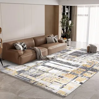 Vamcheer Teppich Wohnzimmer, 200x300 cm Flauschiger Teppich Schlafzimmer rutschfest, Waschbar, Teppiche Gegend Moderner, Eingedickter Schwamm Komfort Weich, für Arbeitszimmer, Büro, Gelb Grau