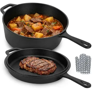 2-in-1 Gusseisen Topf und Pfanne Set, 4,5 L Topf + 1,5 L Pfanne als Deckel, Bräter für Backofen, Gas-, Elektro- und Induktionsherd, geeignet zum Braten, Schmoren und Backen, schwarz