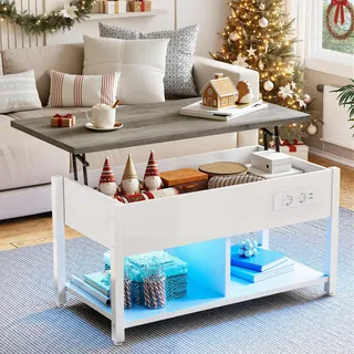 YITAHOME Couchtisch mit Anhebbarer Platte, Leicht Anzuheben, 2-Stufiger Stauraum, Höhenverstellbarer Couchtisch mit Verstecktem Staufach und LED Beleuchtung für Wohnzimmer, Büro, Weiß&Grau
