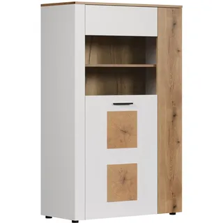 trendteam smart living - Vitoria Weiß matt/Eiche - Vitrinenschrank mit Hirnholzapplikationen - (BxHxT) 90 x 146 x 42 cm - Wohnzimmervitrine mit vertauschbaren Türen