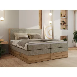 MKS MEBLE Boxspringbett WOOD CLASSIC KING, Doppelbett mit zwei Multipocket-Matratze und Toppper, hohe Kopfteil, Stauraum - 180 x 200 cm - H3 - Dunkelbeige Struktur - Beige