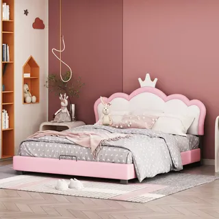 Flieks Jugendbett 140x200cm mit Lattenrost, Polsterbett Doppelbett mit Kronenformung, Kinderbett Mädchenbett Prinzessin Bett Holzbett Klassisches Bett, PU, Rosa - Rosa