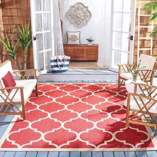 SAFAVIEH Geometrisch Teppich für Wohnzimmer, Esszimmer, Schlafzimmer - Wasserdicht - Courtyard Collection, Kurzer Flor, Rot und Knochen, 160 X 160 cm