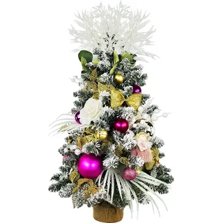 Künstlicher Weihnachtsbaum 60 cm mit LED-Beleuchtung, ROSENZAUBER, mit 37 Weihnachtsbaumschmuck, Pflanztopf mit Jutesack - Weiß, Rosa, Gold