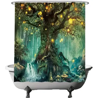 Ulticool Duschvorhang - Märchen Elfenbaum Magie Wald Natur - 180 x 180 cm – Waschbar – Wasserdicht - Anti Schimmel - mit 12 Ringe - Grün Gelb