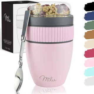 Milu Müslibecher to go 400ml MüsliMax I isolierter Edelstahl Joghurtbecher für Müsli I auslaufsicherer Becher mit Löffel für Yoghurt/Porridge (Rosa)