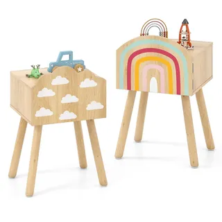 FANTASK Kinder Nachttisch, 2 er Set Nachtkommode mit Regenbogen- & Wolkenmustern kleinem, Beistelltisch niedlich Schrank & Massivholzbeinen, Nachtschrank für Kinderzimmer, 34 x 30 x 54 cm