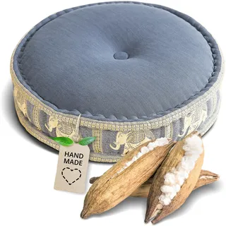 livasia Meditationskissen mit Thaiseide - Ø 45x15cm - Yogakissen mit Kapok, Pouf, Bodenkissen für Yoga und Zen Meditation, Sitzkissen für Garten und Balkon, Zafukissen (Grau/Elefanten Seide)