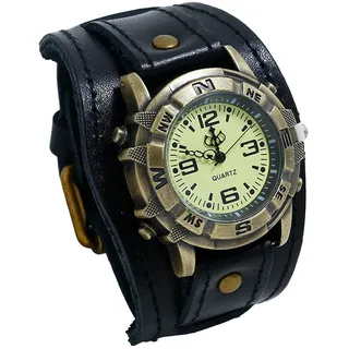 OIDEA Uhren Herren Leder Armbanduhr: Schwarz Punk Echt Leder Armband Herrenuhr Analog Quarz Uhr mit arabischen Zifferblatt Retro Steam Punk Vintage Geschenk für Männer Freund