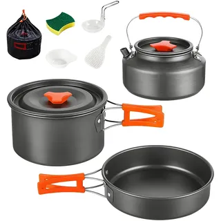 Camping Kochgeschirr Set, 10-teiliges Outdoor Geschirr Set für 2-5 Personen, Kochgeschirr Kit mit Camping Topf, Bratpfanne und Teekannen, Camping Kochtopf Set Aluminium für Outdoor Wandern Picknick