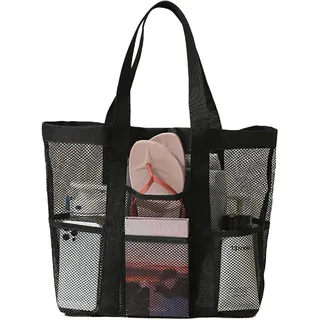 RANYAKE Netz-Strandtasche, faltbar, wasserdicht, sanddicht, große Aufbewahrungstaschen mit 9 Taschen, leichte, atmungsaktive Handtasche, für Männer und Frauen, geeignet für Strand, Schwimmen, Fitness
