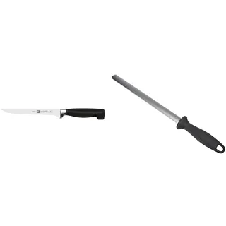 Zwilling Vier Sterne Filiermesser, Klingenlänge: 18 cm & Wetzstahl mit Diamant-Beschichtung, Oval, Länge: 26 cm, Kunststoffgriff mit Aufhängöse, Schwarz