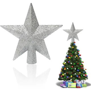 Stern Silber Christbaumspitze Glitzer - 3D Weihnachtsbaumspitze St-ERN SIL-ber (20cm), Bruchfester Tannenbaum Spitze SIL-ber Kunststoff, Leichter Christbaumspitze Topper St-ERN für Künstliche Bäume