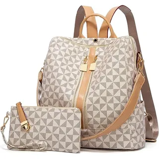 OKWISH Damen Rucksack Geldbörse Kunstleder Umhängetasche Handtasche Cabrio Design Taschenriemen Geldbörse 2 Stück - Weiß