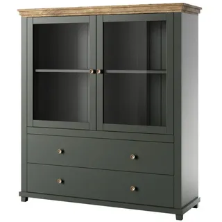 Furniture24 Vitrine Evora 46 mit 2 Türen und 2 Schubkästen, Grün, Landhaus möbel, Wohnzimmerschrank, Highboard, Vitrinenschrank ohne Beleuchtung - Schwarz