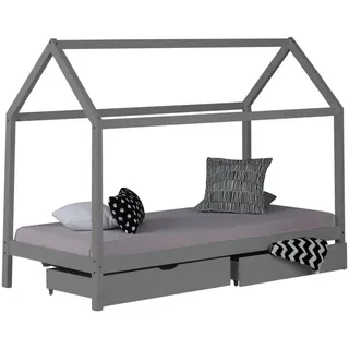 Homestyle4u Hausbett mit Stauraum 90/200 cm Grau , Holz , 206x160x98 cm , Babymöbel & Kindermöbel, Kinderzimmer & Jugendzimmer, Kinderbetten, Spielbetten