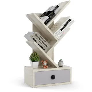 COSTWAY Bücherregal Baumform, Holzregal mit Schublade, Bücherregal auf dem Tisch und Boden, CD- und DVD-Regal, kleines Regal für Arbeitszimmer und Büro 30 x 17,5 x 60 cm (3 stöckig, Beige)
