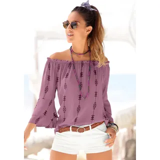 Carmenbluse LASCANA, Damen, Gr. 46, lila (lila, bedruckt), Web, Obermaterial: 100% Viskose, bedruckt, figurumspielend hüftlang, Carmenausschnitt, Volant, Blusen Carmenbluse, mit Ethnoprint, Damenbluse, schulterfrei, casual, Topseller