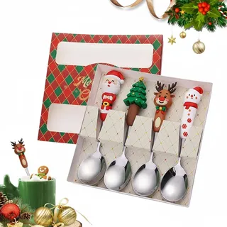 Kleinigkeiten für Adventskalender, panemy Edelstahl Weihnachtslöffel, Wichtelgeschenke Weihnachten, Geschirr Weihnachten, Geschenk Kaffeel Kuchenlöffel Tee Löffel, Marmeladenlöffel (4, D Silber)