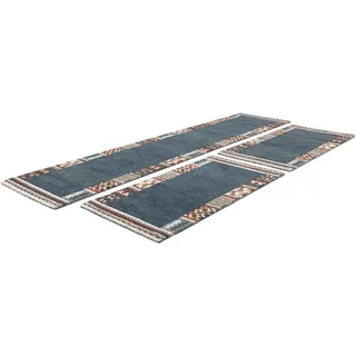 Bettumrandung THEKO "Nuno, handgearbeitet, mit Bordüre" Gr. 14, blau (dunkelblau), H:14mm, Obermaterial: 100% Wolle, Bettumrandungen, Bettumrandung, Bettvorleger, reine Wolle, handgetuftet, Läufer-Set, Schlafzimmer