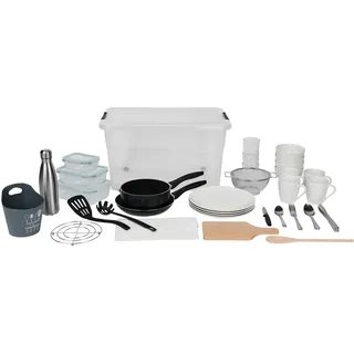 Crealys 544703 Starter-Set für Studenten, Single – Starter-Set für Geschirr & Utensilien – Aufbewahrungsbox 56,5 l, Teller, Tassen, Gläser, Besteck, Induktionspfanne usw.