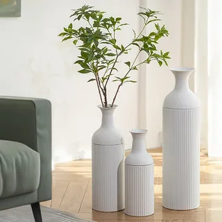 Sziqiqi Bodenvase Groß Weiß: Metall Bodenvasen für Wohnzimmer 68/51/41cm Hohe Moderne Gerippte Bodenvase für Pampasgras Große Vasen für Boden für Schlafzimmerecke Kamin Treppenhaus