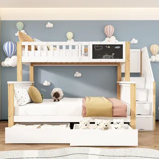 Flieks Etagenbett mit Treppe, Kinderbett 90x200cm/140x200cm mit Lattenrost, Hochbett mit Rausfallschutz, Massivholzbett Stauraumbett mit Schubladen, N - Naturbelassen